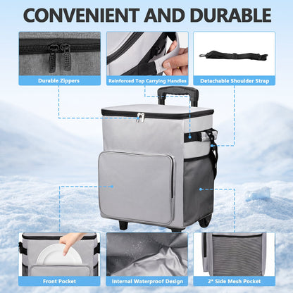 Merryhome Cooler with Wheels, 60-Can 40 Qt Rolling Cart Soft Cooler Bag, Foldable Leak-Proof Cold Retention Cooler for Camping, Beach, Grocery