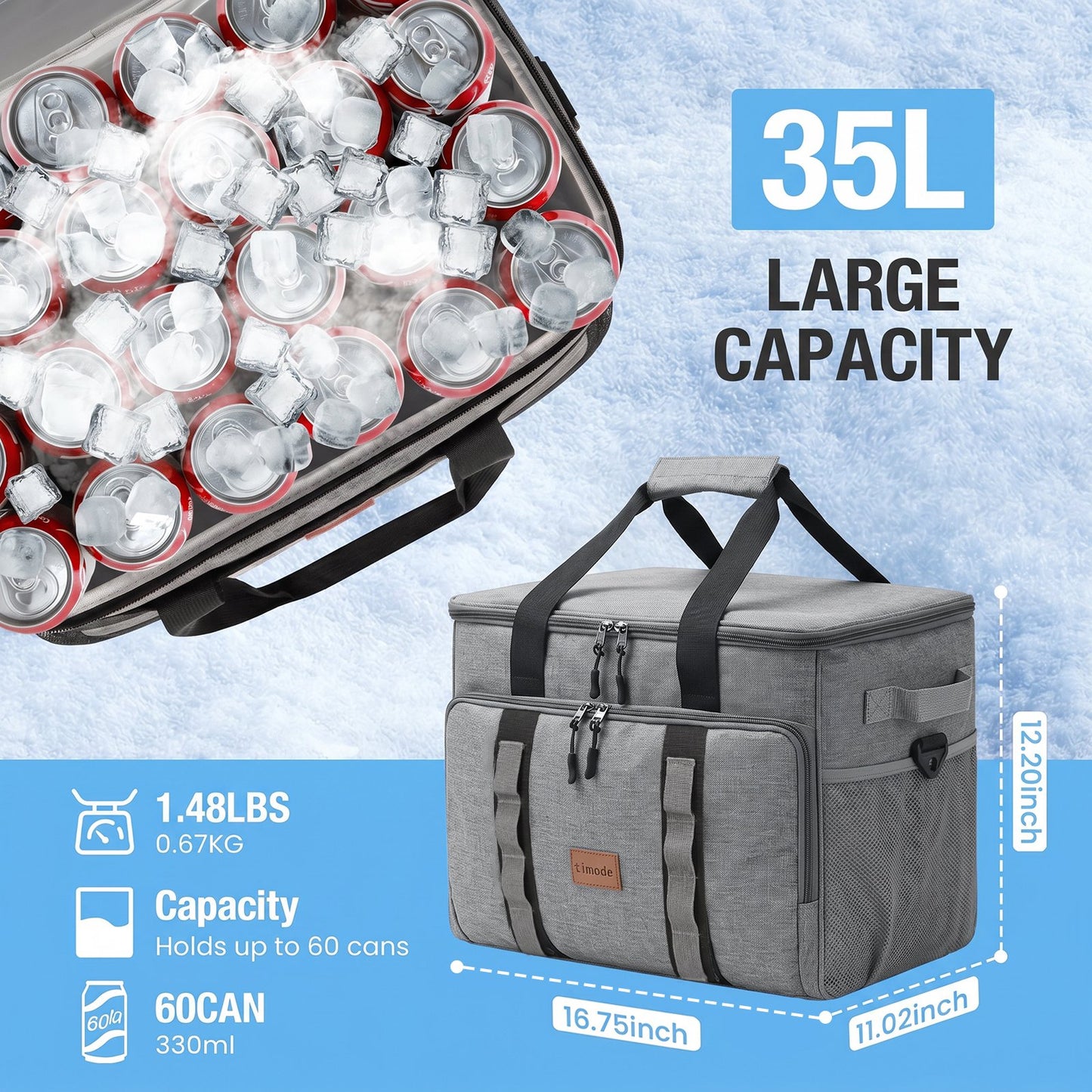 Merryhome 60 Can Collapsible Soft Sided Cooler Bag, Leakproof Insulated Portable Cooler for Beach, Camping, Travel, Picnic and Grocery, Gray
