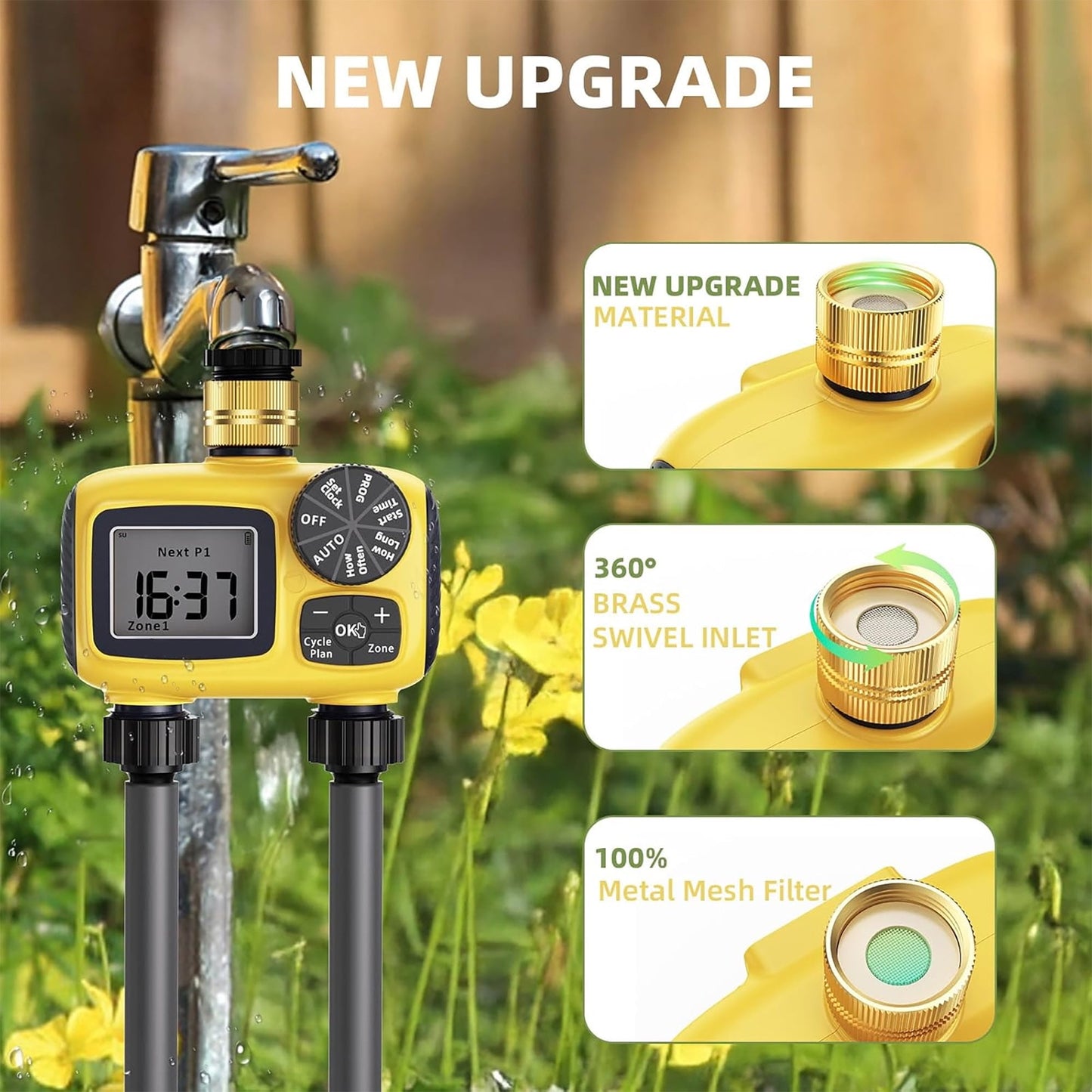 Water Timer for Garden Hose with Brass Swivel - 2 Zone Sprinkler Timer with Rain Delay/Manual Watering/Automatic Irrigation for Yard Lawn