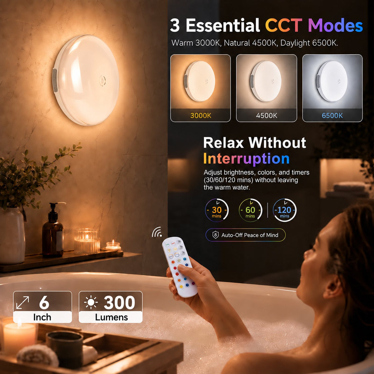 Henotian Rechargeable Shower Light, 10000mAh Wireless Ceiling Lamp, 300LM IP54 Water Resistant, 12 Rgb Colors, Remote and Touch Control, Magnetic Mount for Bathroom, Bedroom, Closet