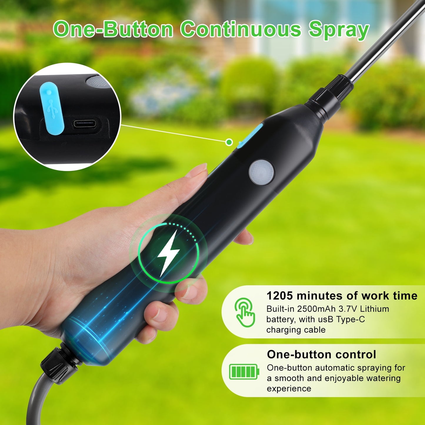 Merryhome Battery Powered Sprayer, 2.1 Gallon/8L Electric Sprayer with 3 Mist Nozzles, USB Rechargeable Handle, Retractable Wand & Adjustable Strap for Lawn, Garden, Yard and Weed Control