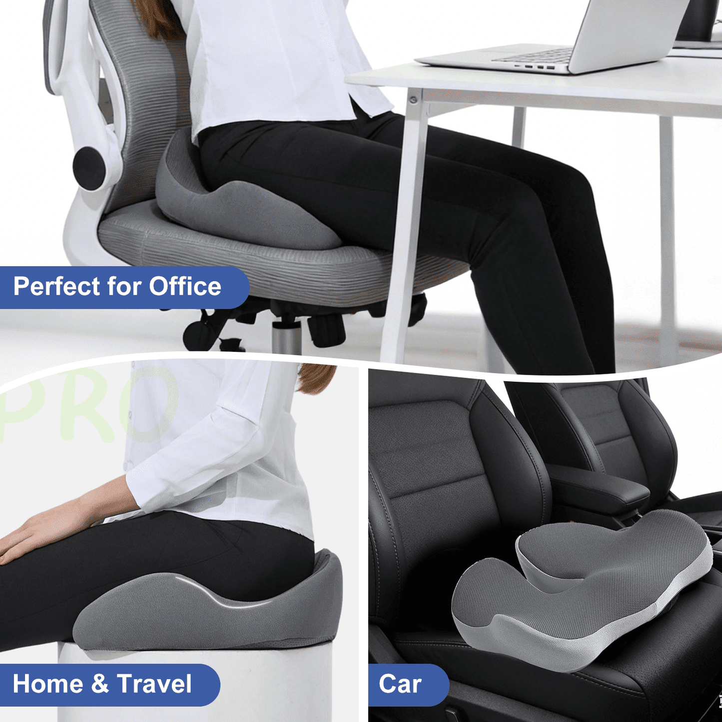 Henotian Memory Foam Seat Cushion for Office Chair, Extra-Thick Ergonomic Chair Cushion for Tailbone, Sciatica & Back Pain Relief, Non-Slip Car Seat Pillow Gray