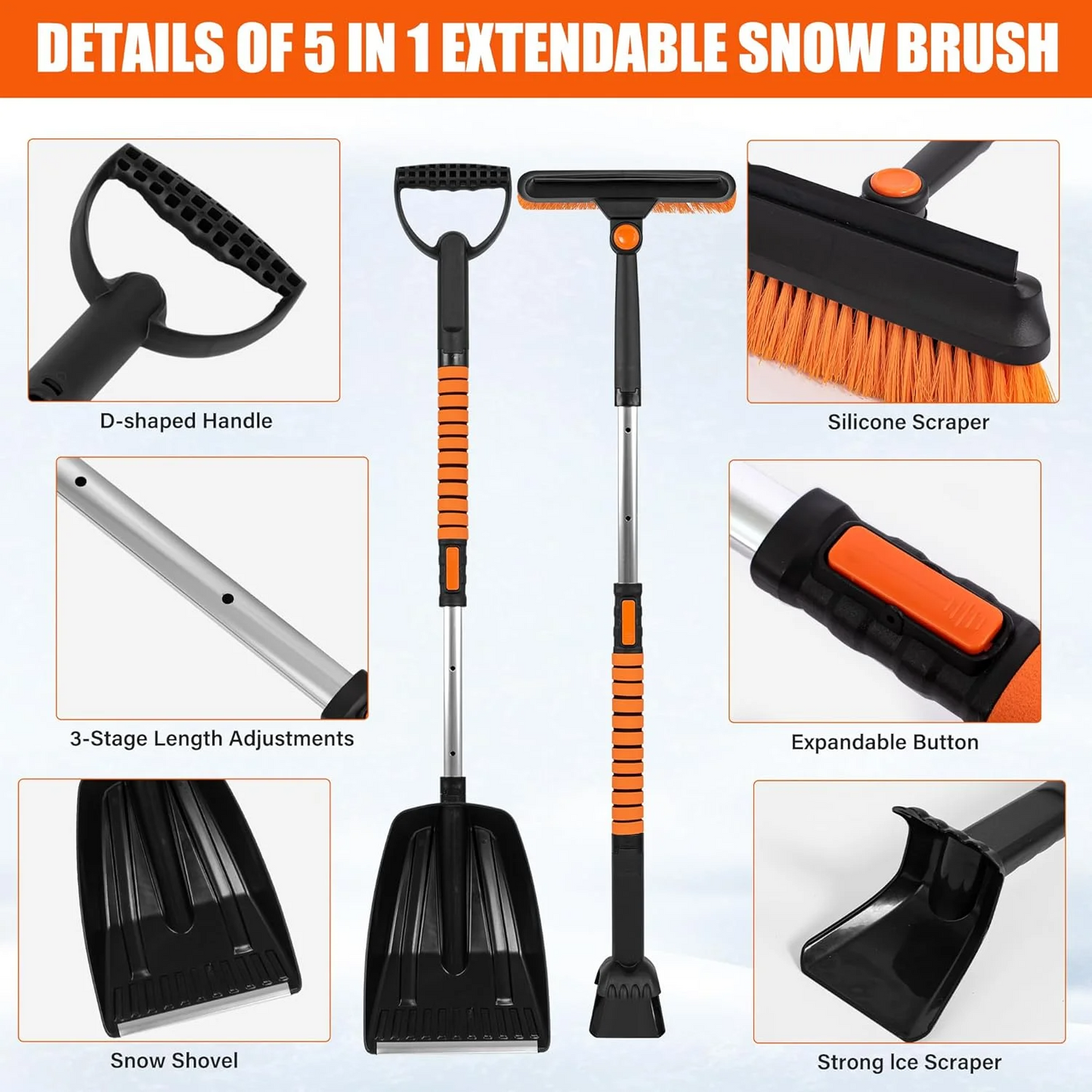 Ice Scraper and Extendable Snow Brush Emergency Snow Shovel for Car,31" - 40" Snow Brush with Squeegee,Snow Scraper with 180° Pivoting Brush Head and Foam Grip for Car Windshield,Truck,SUV