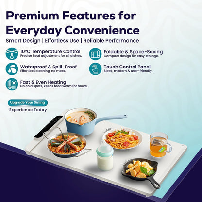 Food Warming Mat - Fast Heating Silicone Electric Warming Tray with 10 Level Temperature, Raised Feet Protects Table, Roll Up Buffet Hot Plates Heat Pad, Portable Food Warmer for Parties Home Travel