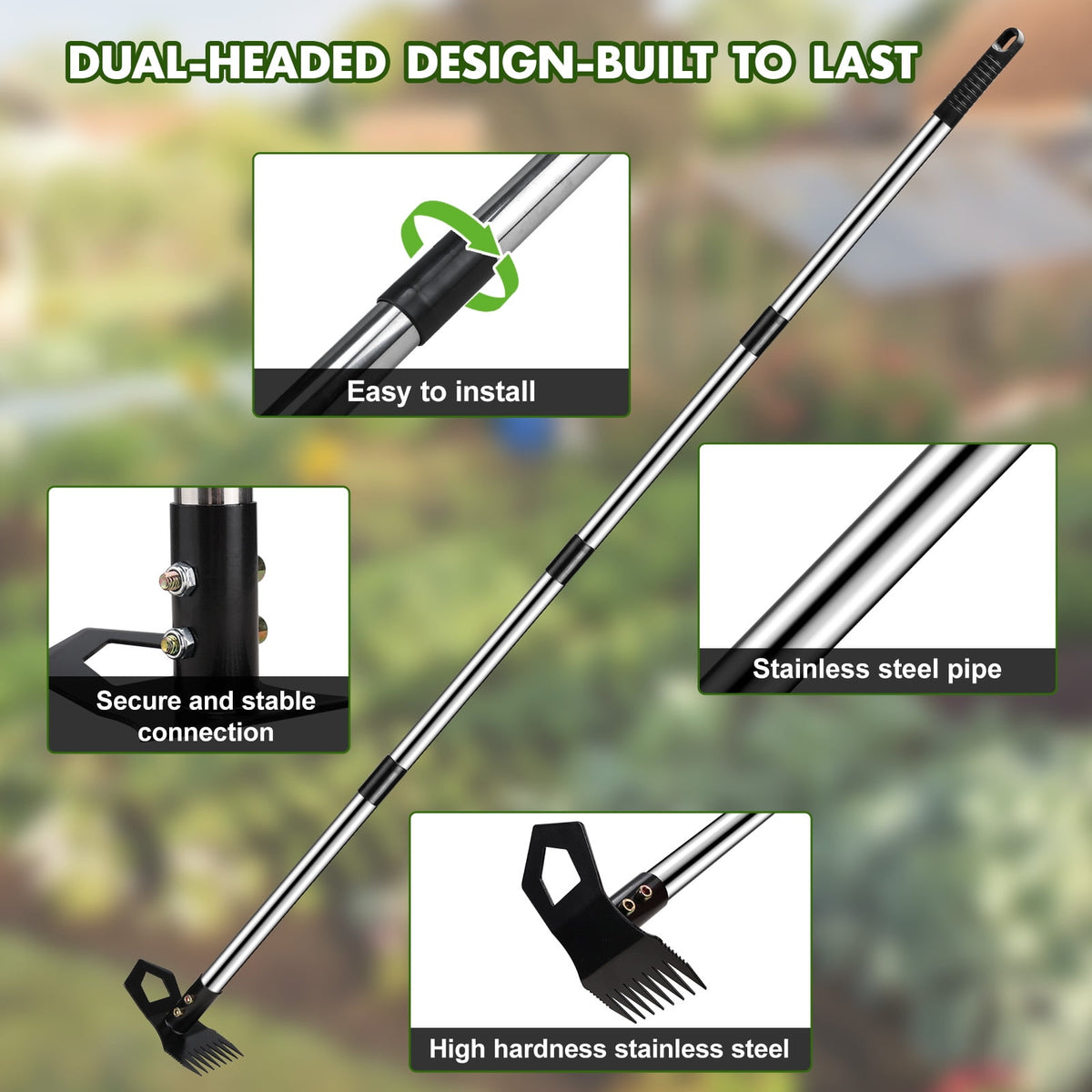 Merryhome 60 Inch Long Handle Stand Up Weed Puller Tool, 2-in-1 8-Tine Weed Rake & Hoe, Heavy Duty Stainless Steel Weeding Tool for Lawn Garden Yard – No Bending, No Kneeling