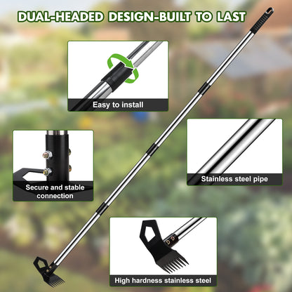 Merryhome 60 Inch Long Handle Stand Up Weed Puller Tool, 2-in-1 8-Tine Weed Rake & Hoe, Heavy Duty Stainless Steel Weeding Tool for Lawn Garden Yard – No Bending, No Kneeling