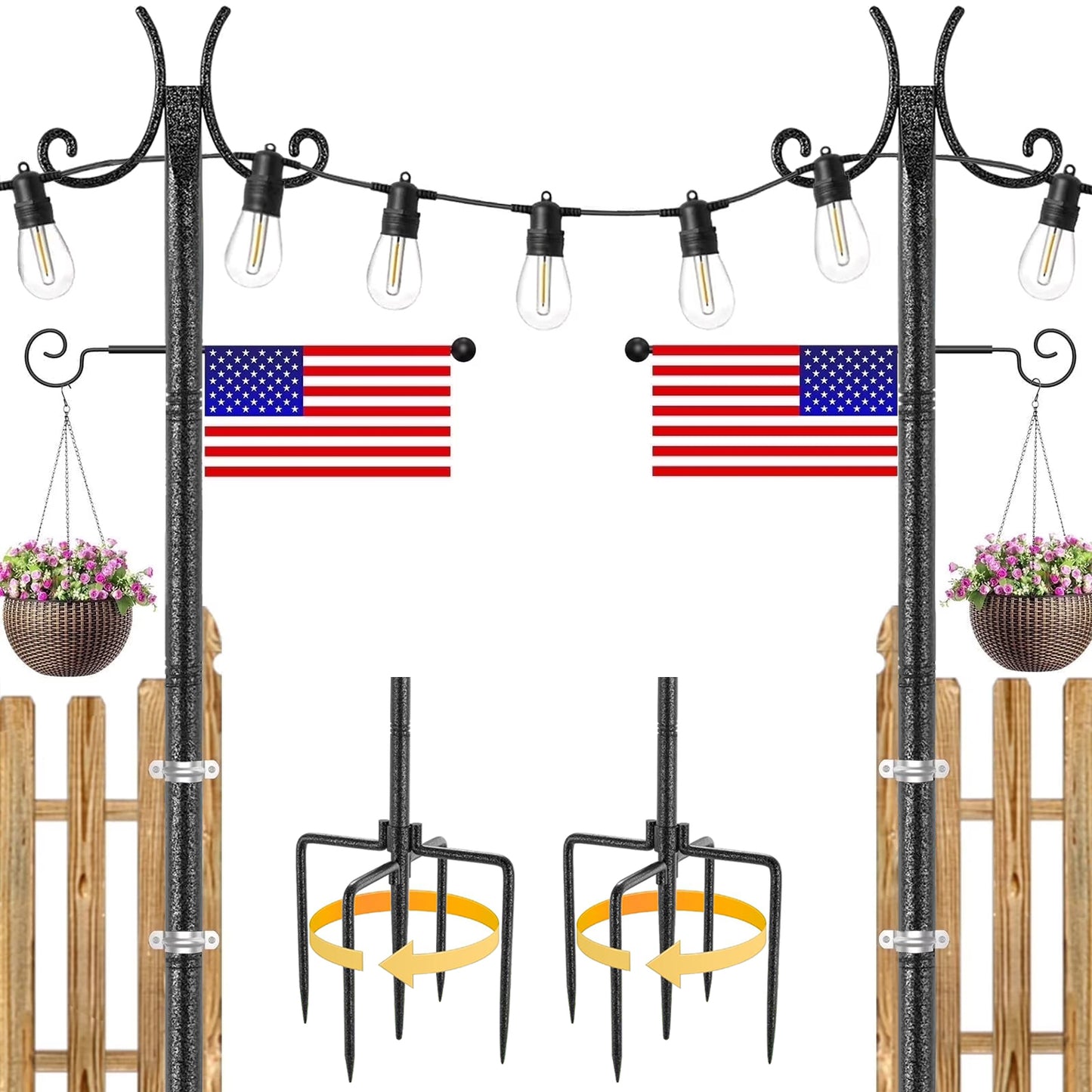 String Light Poles for Outside, 10 Ft Weather Resistant and Height Adjustable, Easy to Install, with Fork Bracket for String Lights, Patio and Deck, 2Pack