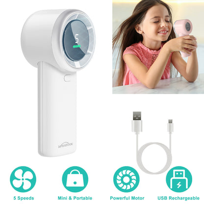 Portable Handheld Fan, Adjustable Turbo Mini Fan,Rechargeable Personal Fan,Digital Display,Gifts for Women Men Travel/Camping/Outdoor-White
