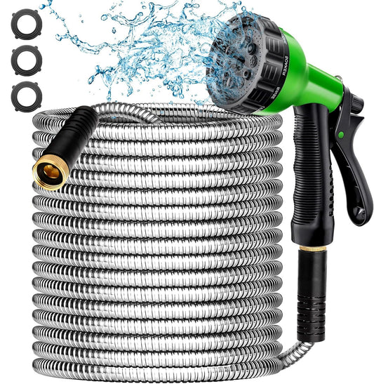 Metal Garden Hose - 75ft Heavy Duty Stainless Steel Water Hose with 10 Function Sprayer & Metal Fittings, Flexible, Lightweight, No Kink, Puncture Proof Hose for Yard, Outdoors, Rv