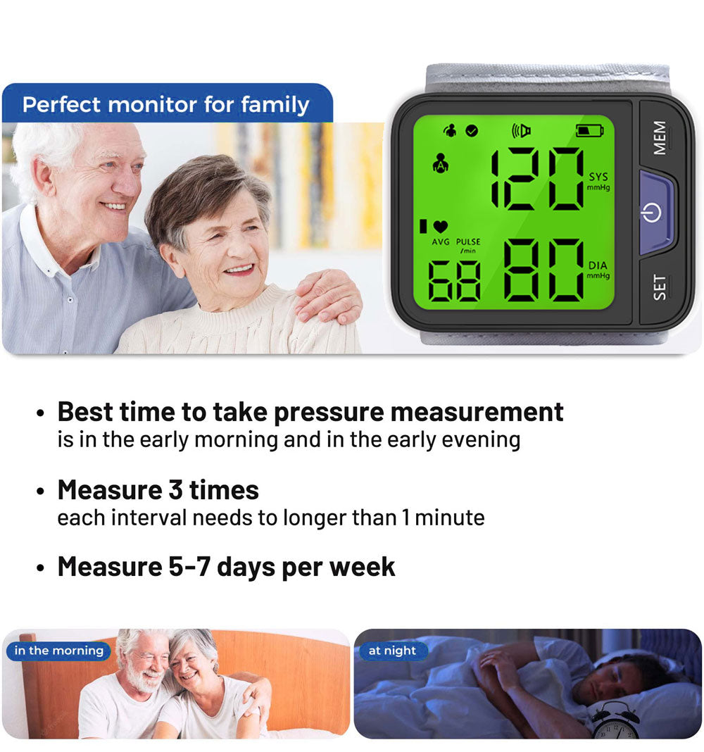 Kidsjoy Blood Pressure Monitor, Professional Wireless Automatic Wrist Blood Pressure Cuffs Health Monitors, Portable BP Heart Rate Monitor with LCD Backlit Display, for Home Travel Use