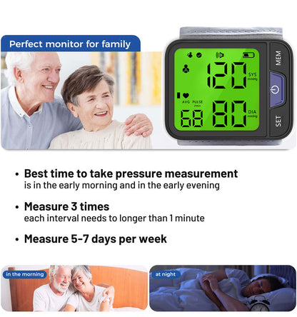 Kidsjoy Blood Pressure Monitor, Professional Wireless Automatic Wrist Blood Pressure Cuffs Health Monitors, Portable BP Heart Rate Monitor with LCD Backlit Display, for Home Travel Use