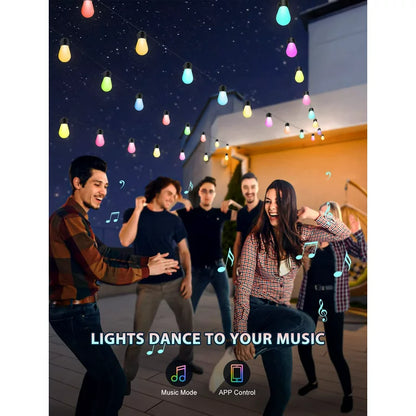 WHATOOK Outdoor String Lights, 48ft Smart RGBIC LED Color Changing Patio Lights 15 Dimmable Shatterproof Bulbs IP65 Waterproof, Music Sync Bluetooth APP & Remote Control Hanging Lights for Party