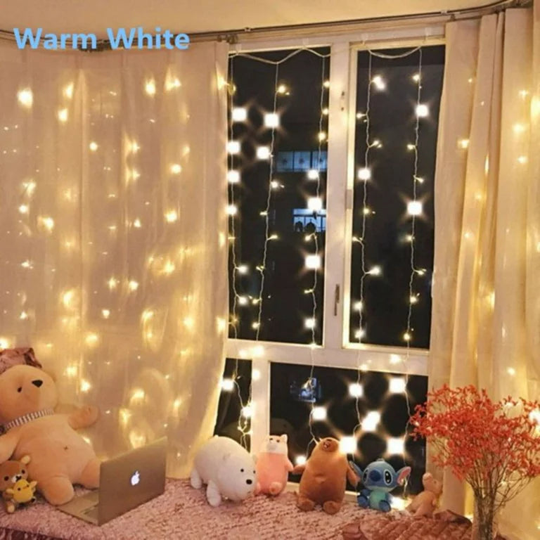 Christmas 300 LED Curtain Lights with Remote Control, 8 Modes USB Starry Christmas String Light, Icicle light, Fairy Light, Curtain light, Decorative Lighting for Room, Garden, Wedding, Party