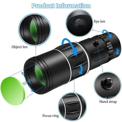 16X52 Monocular Telescope, High Power Prism Compact HD Monocular Scope for Adults Kids, Dual Focus Optics Zoom Telescope for Bird Watching Hunting Hiking Concert Travel 66m/8000m