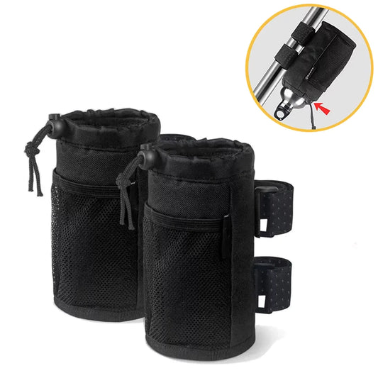 Sevelady 2 Pack Bike Cup Holder, Bicycle Handlebar Water Bottle Holder with Mesh Oxford Pocket, 3.3"L x 6.9"H Bicycle Drink Cup Holder for Bike, Boat, Scooter, Wheelchair, Cruiser up to 32oz (Black)