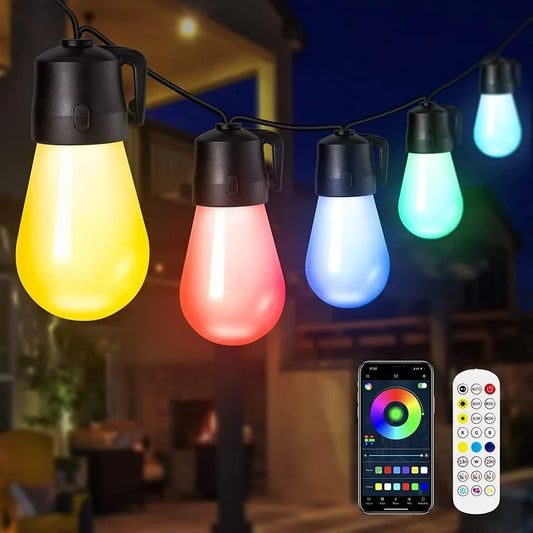 WHATOOK Outdoor String Lights, 48ft Smart RGBIC LED Color Changing Patio Lights 15 Dimmable Shatterproof Bulbs IP65 Waterproof, Music Sync Bluetooth APP & Remote Control Hanging Lights for Party