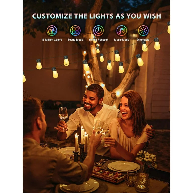 WHATOOK Outdoor String Lights, 48ft Smart RGBIC LED Color Changing Patio Lights 15 Dimmable Shatterproof Bulbs IP65 Waterproof, Music Sync Bluetooth APP & Remote Control Hanging Lights for Party