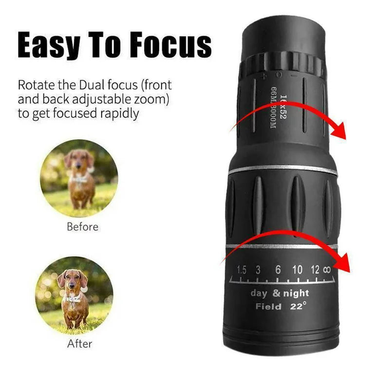 16X52 Monocular Telescope, High Power Prism Compact HD Monocular Scope for Adults Kids, Dual Focus Optics Zoom Telescope for Bird Watching Hunting Hiking Concert Travel 66m/8000m