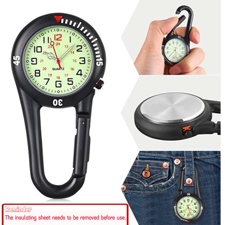 Clip on Quartz Digital Watch, Backpack Fob Belt Watch, Pocket Watch, Unisex, Glow in The Dark for Doctors Nurses Chefs Hiking or Climbing(Black)