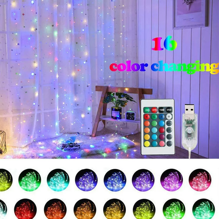 WHATOOK 300LED Curtain Lights, 16 RGB Color Changing 9.8*9.8ft, 4 Modes USB Function Background Lights with Remote Control, Colorful Icicle Lights, Suitable for Backdrop, Party, Outdoor Indoor Decorat