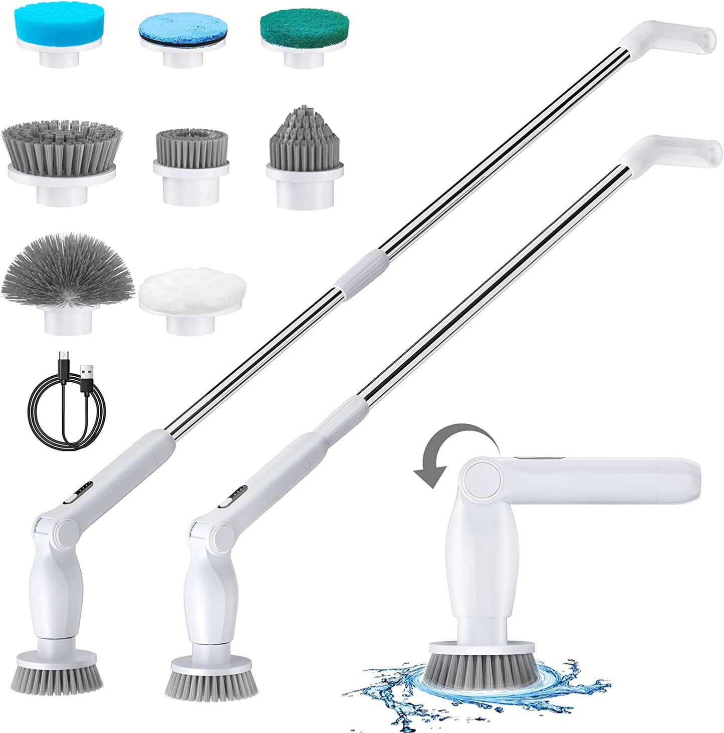 HOOFUN Electric Spin Scrubber, Cordless Bath Power Scrubber with Long Handle & 8 Replaceable Heads, Adjustable Extension Handle, Detachable as Short Handle, 2 Speeds & Remote Control