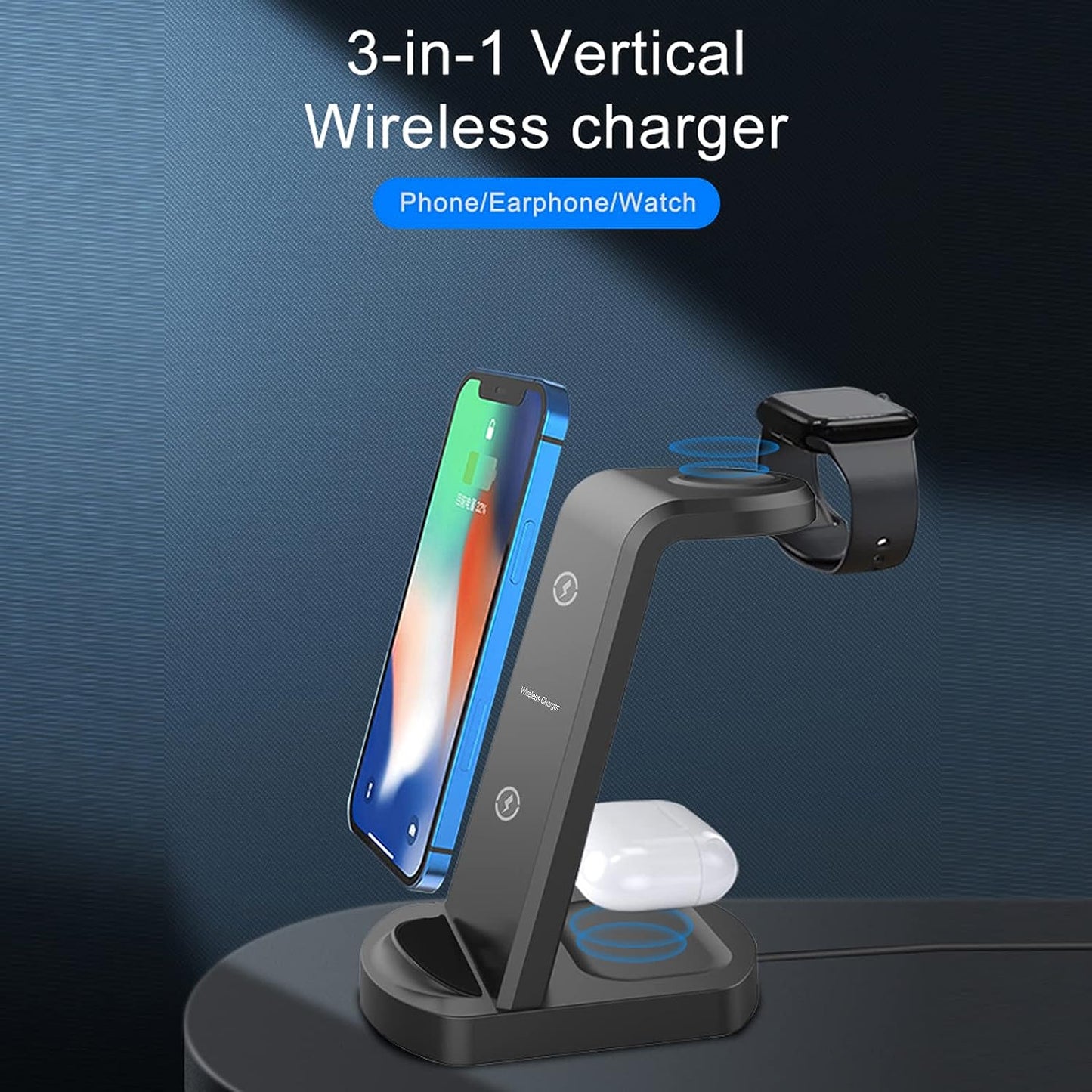 HOOFUN Wireless Charger, Wireless Charger 3 in 1 Wireless Charging Station 15W Fast Charging Vecal Stand Compatible with iOS Smartphone Watch True Wireless Stereo Ears