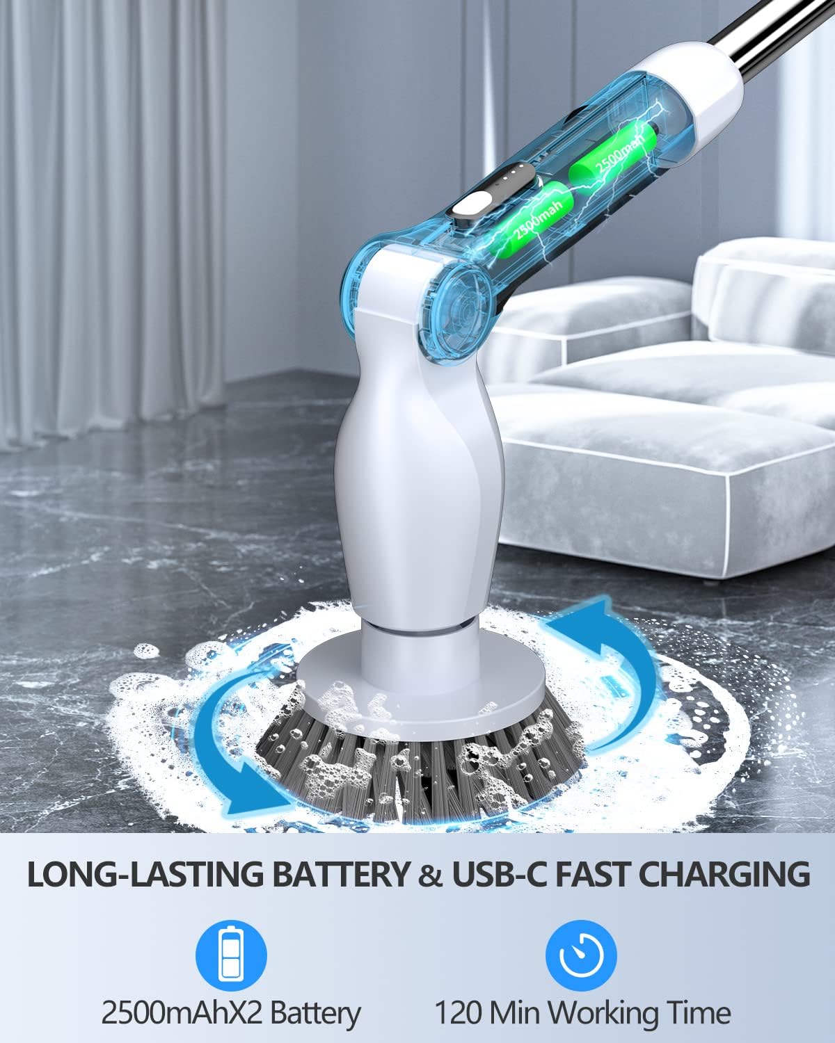 HOOFUN Electric Spin Scrubber, Cordless Bath Power Scrubber with Long Handle & 8 Replaceable Heads, Adjustable Extension Handle, Detachable as Short Handle, 2 Speeds & Remote Control