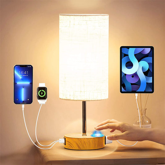 HOOFUN Bedside Lamp Desk lamp with Linen Fabric Shade for Bedroom Table Lamps for Bedroom with USB Charging Ports Light Bulb Included