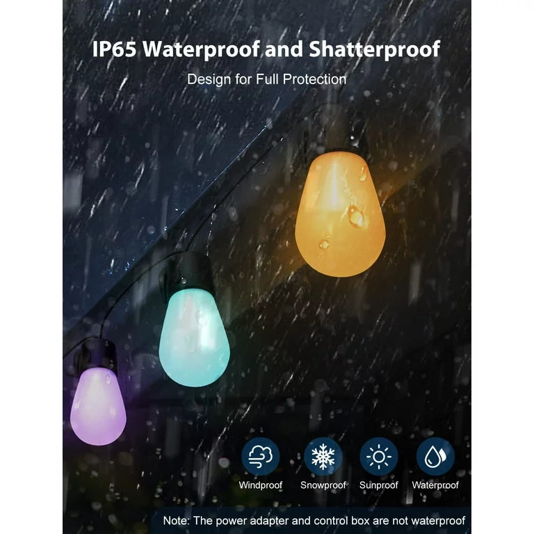 WHATOOK Outdoor String Lights, 48ft Smart RGBIC LED Color Changing Patio Lights 15 Dimmable Shatterproof Bulbs IP65 Waterproof, Music Sync Bluetooth APP & Remote Control Hanging Lights for Party