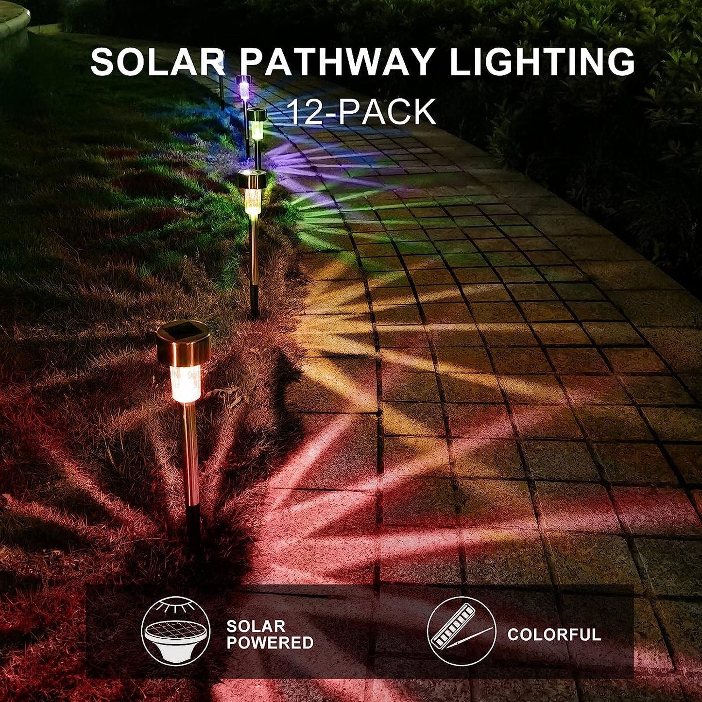 WHATOOK 12 Pack Outdoor Solar Lights Solar Landscape Lights, Stainless Steel LED Outdoor Lighting, Waterproof Garden Lights for Walkway, Terrace, Multicolor