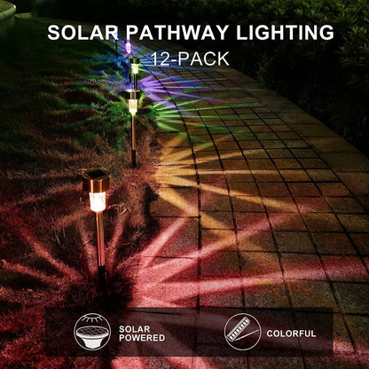 WHATOOK 12 Pack Outdoor Solar Lights Solar Landscape Lights, Stainless Steel LED Outdoor Lighting, Waterproof Garden Lights for Walkway, Terrace, Multicolor