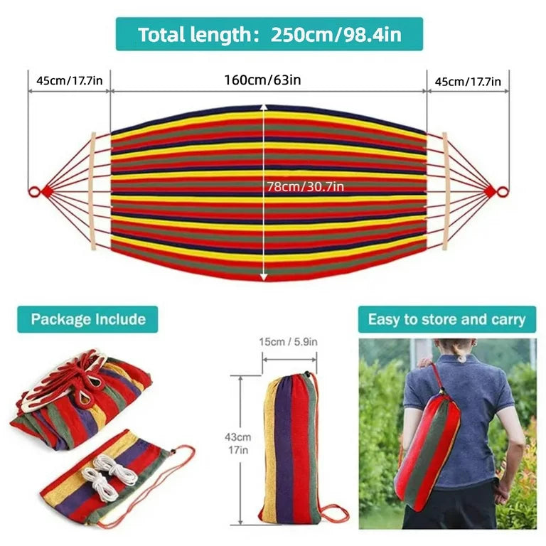 Sevenlady Double Hammock, 2-Person Camping Hammock with Two Anti Roll Balance Beam, Canvas Cotton Hammock with Carrying Bag, Support 440lbs, 98.4 x 30.7in (Rainbow Stripes)