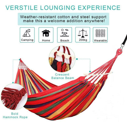 Sevenlady Double Hammock, 2-Person Camping Hammock with Two Anti Roll Balance Beam, Canvas Cotton Hammock with Carrying Bag, Support 440lbs, 98.4 x 30.7in (Rainbow Stripes)