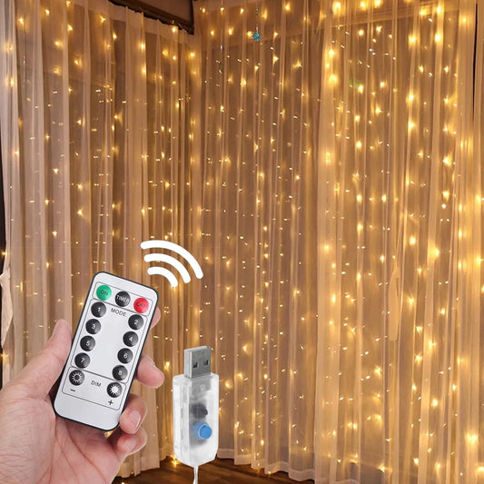 Christmas 300 LED Curtain Lights with Remote Control, 8 Modes USB Starry Christmas String Light, Icicle light, Fairy Light, Curtain light, Decorative Lighting for Room, Garden, Wedding, Party