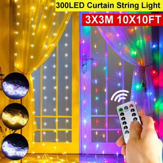 WHATOOK 300 LED Curtain String Lights,8 Modes Fairy Lights with Remote,9.8x9.8ft Multicolor Plug-in Starry Christmas Light,Icicle Light,Indoor/Outdoor Wall Decorations for Room/Garden/Wedding/Party
