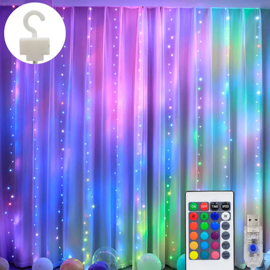 WHATOOK 300LED Curtain Lights, 16 RGB Color Changing 9.8*9.8ft, 4 Modes USB Function Background Lights with Remote Control, Colorful Icicle Lights, Suitable for Backdrop, Party, Outdoor Indoor Decorat