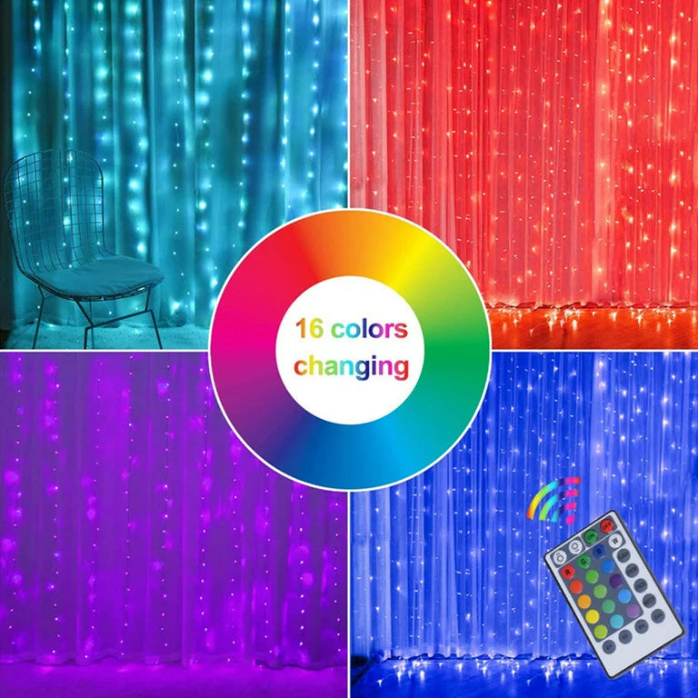 WHATOOK 300LED Curtain Lights, 16 RGB Color Changing 9.8*9.8ft, 4 Modes USB Function Background Lights with Remote Control, Colorful Icicle Lights, Suitable for Backdrop, Party, Outdoor Indoor Decorat