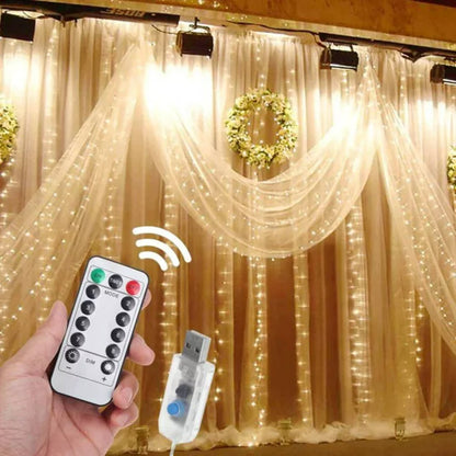 Christmas 300 LED Curtain Lights with Remote Control, 8 Modes USB Starry Christmas String Light, Icicle light, Fairy Light, Curtain light, Decorative Lighting for Room, Garden, Wedding, Party