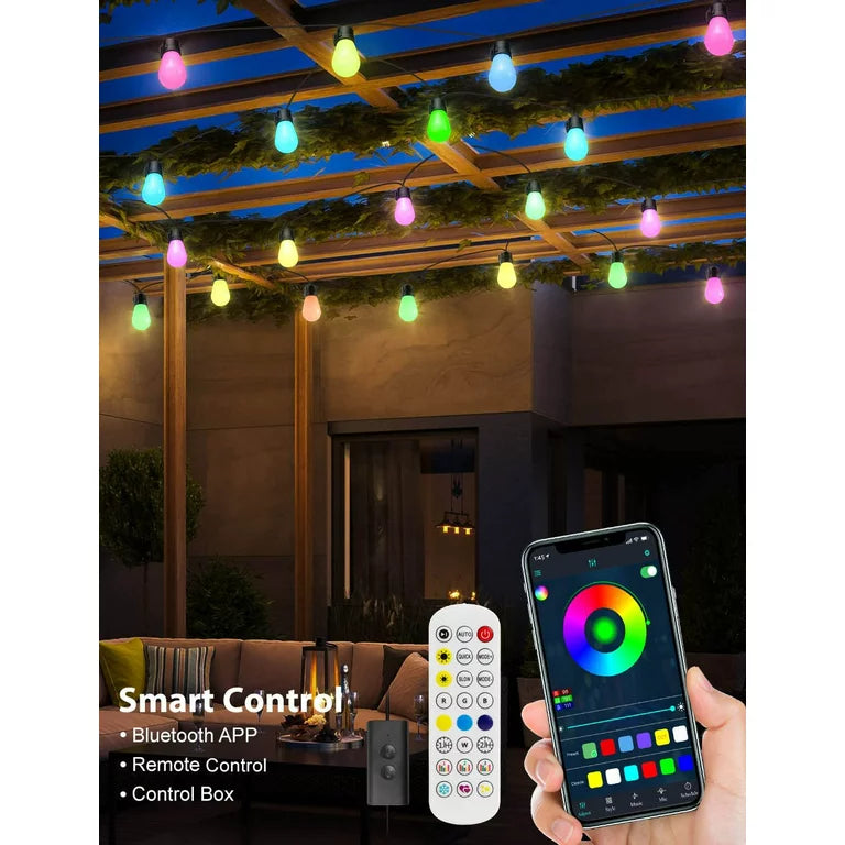 WHATOOK Outdoor String Lights, 48ft Smart RGBIC LED Color Changing Patio Lights 15 Dimmable Shatterproof Bulbs IP65 Waterproof, Music Sync Bluetooth APP & Remote Control Hanging Lights for Party